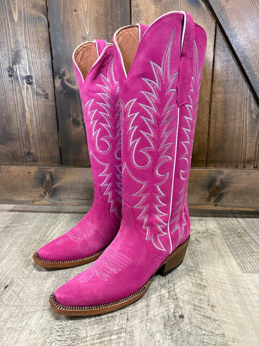 Pink Faux Suede Snip-Toe Classic Embroidery Wide Calf Knee High Cowgirl Boots