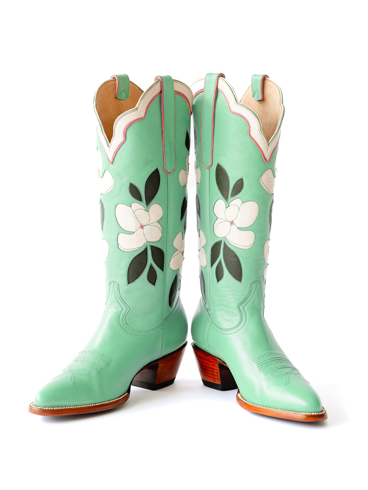 Mint Green Almond-Toe White Flower Inlay Wide Calf Knee High Cowgirl Boots
