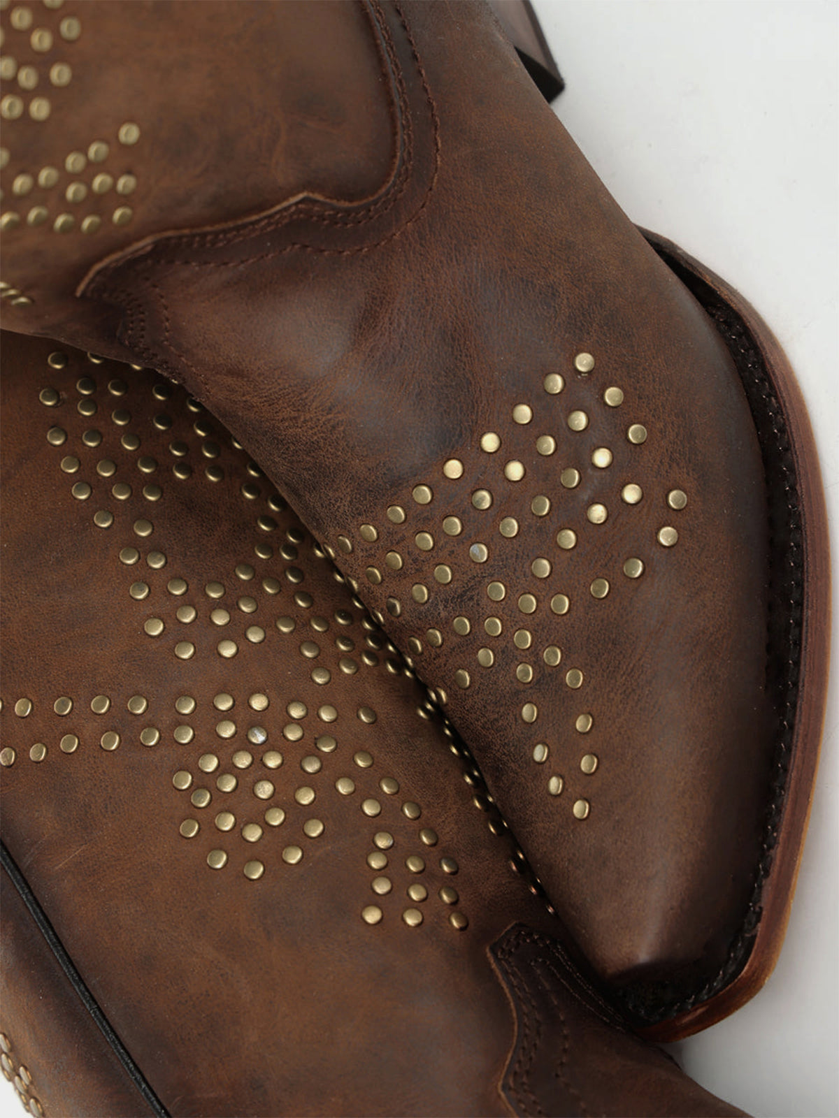 Brown Snip-Toe Skull Design With Studs Mid Calf Cowgirl Boots