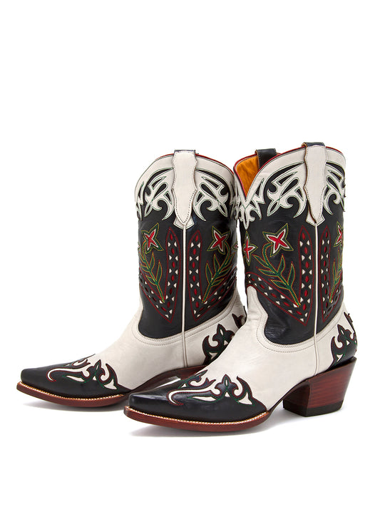 Contrast Black And Cream Pointed-Toe Inlays Mid Calf Cowgirl Boots