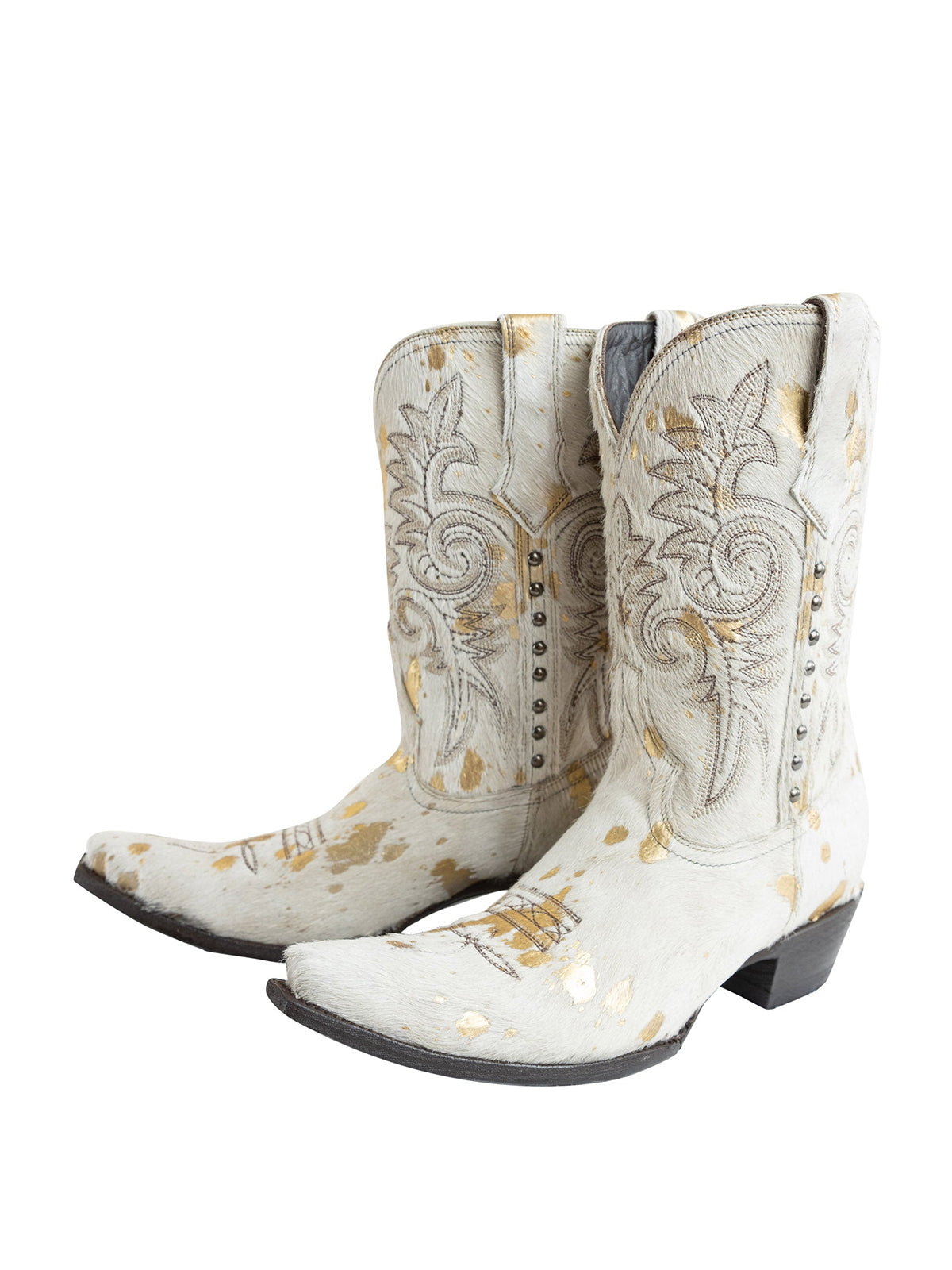Snip-Toe Chic Embroidery And Side Studs Ankle Cowgirl Boots - Beige And Gold