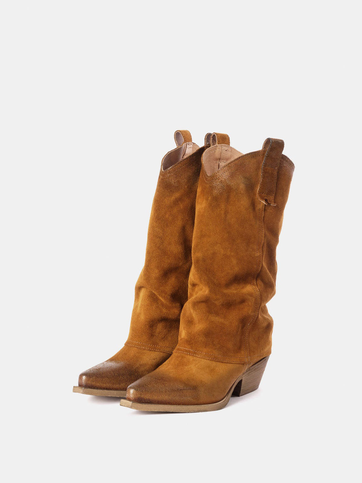 Brown Faux Suede Snip-Toe Mid Calf Fold-Over Cowgirl Boots