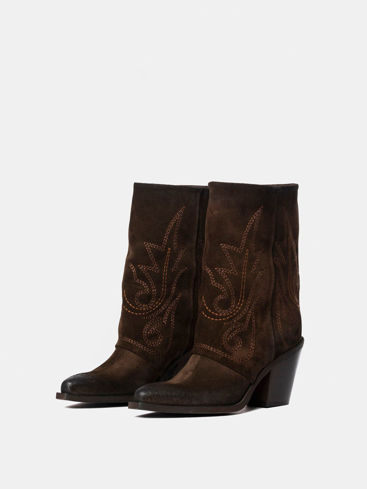 Coffee Snip-Toe Faux Suede Embroidery Mid Calf Cowgirl Boots