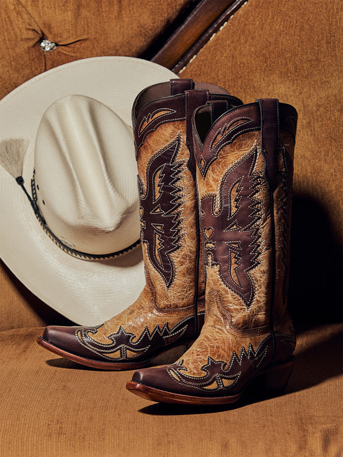 Distressed Sand Snip-Toe Chic Eagle Applique Mid Calf Cowgirl Boots