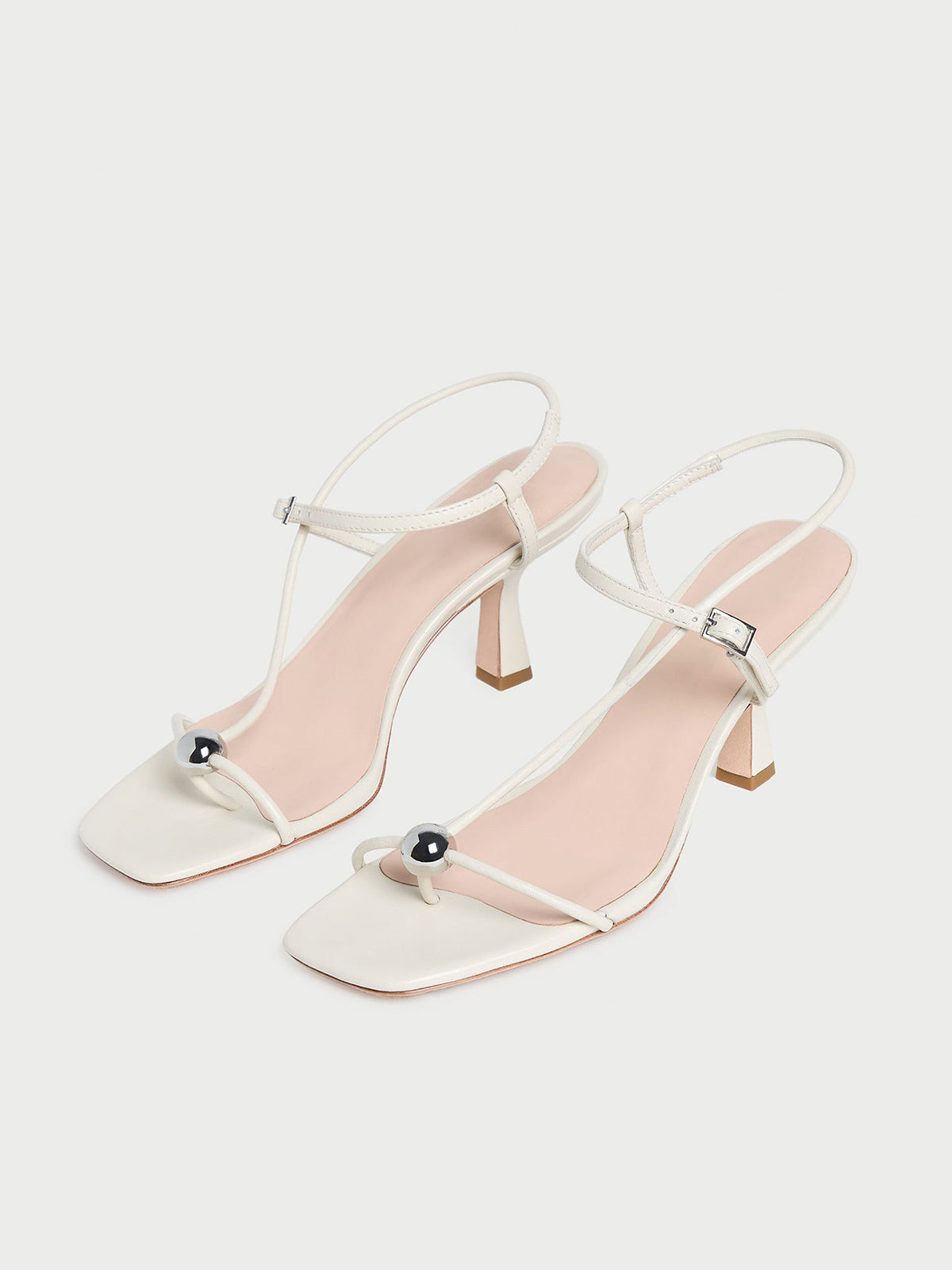 White Square-Toe Buckle Strappy Kitten Heels With One Silver Ball