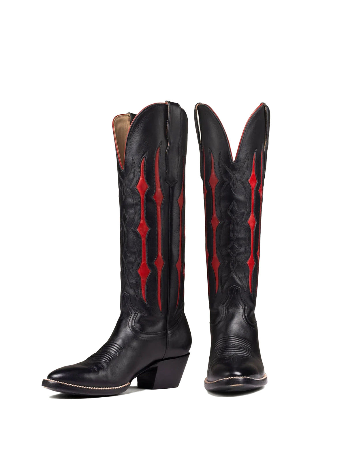 Black Contrast Red Inlay Stitch Almond-Toe Wide Knee High Western Cowgirl Boots