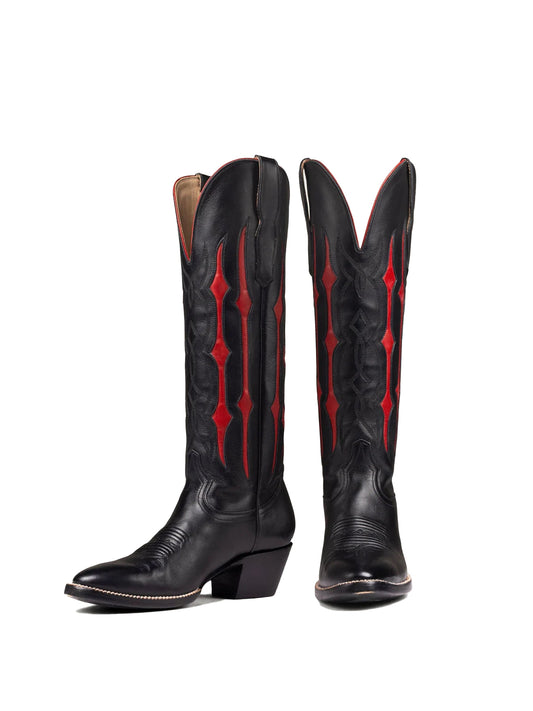 Black Contrast Red Inlay Stitch Almond-Toe Wide Knee High Western Cowgirl Boots