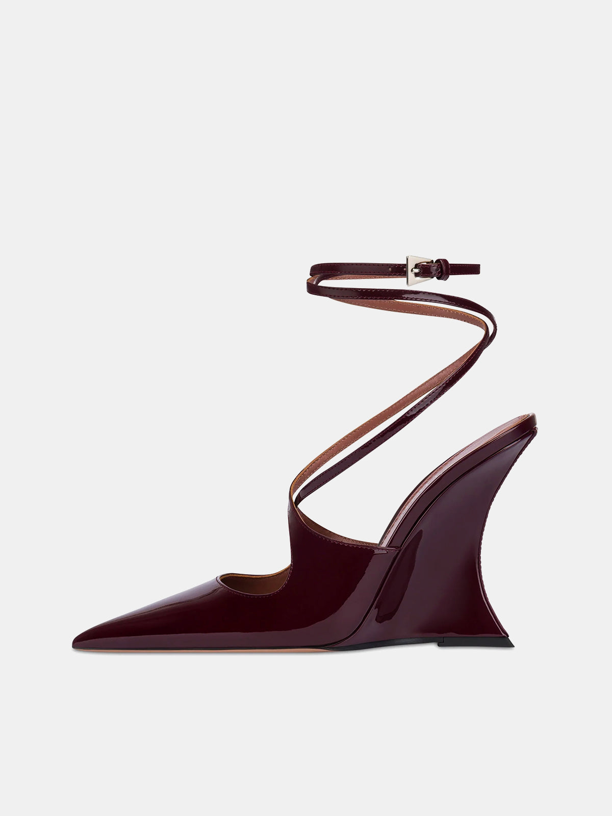 Patent Burgundy Pointed-Toe Ankle Strap Covered Wedge High Heels