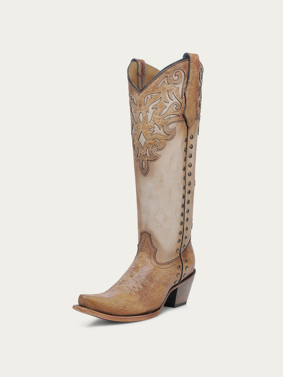 Distressed Honey And Bone Snip-Toe Applique And Side Studs Wide Calf Knee High Cowgirl Boots