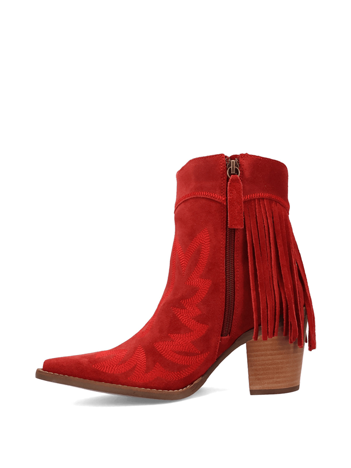 Red Faux Suede Snip-Toe Back Fringe Full-Zip Ankle Cowgirl Boots