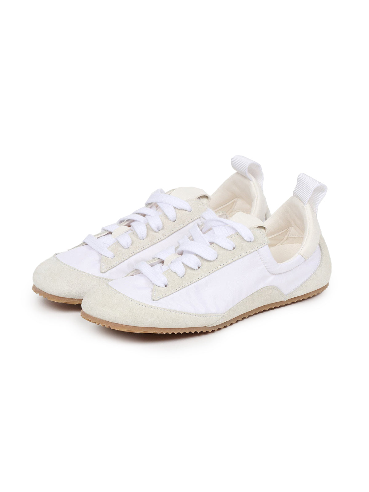 Cow Suede And Satin Round-Toe Lace-Up Chic Sneakers - White