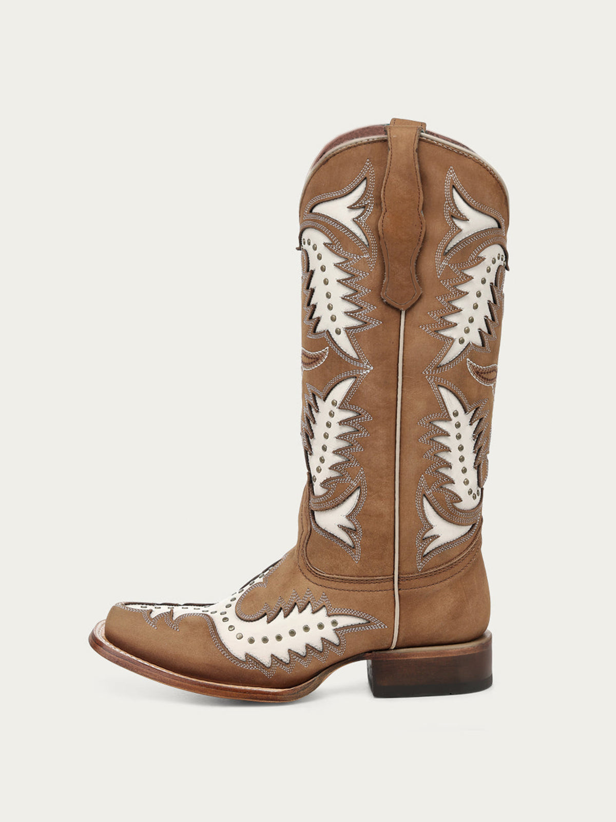 Brown Square-Toe White Inlay And Studs Chic Mid Calf Cowgirl Boots