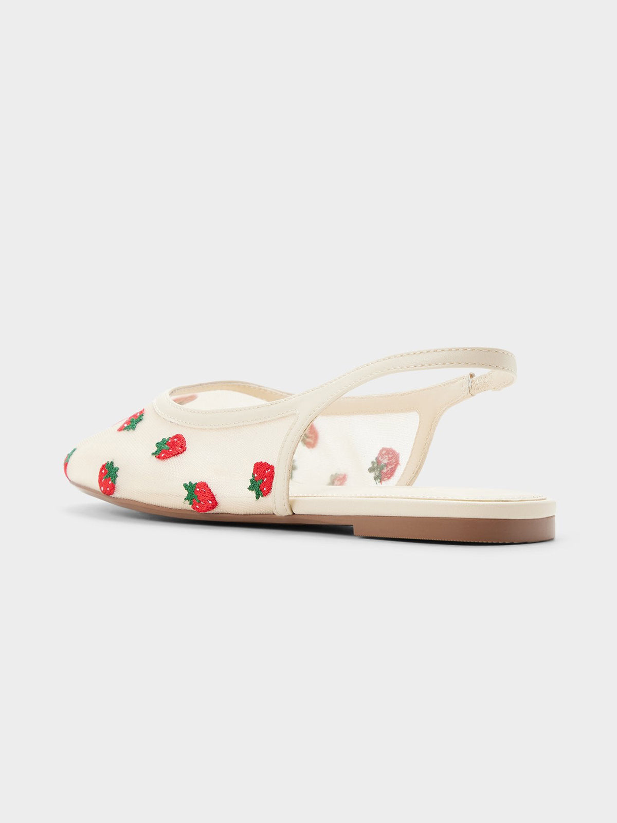 Cream Mesh Round-Toe Strawberry Embroidery Chic Back Strap Flats