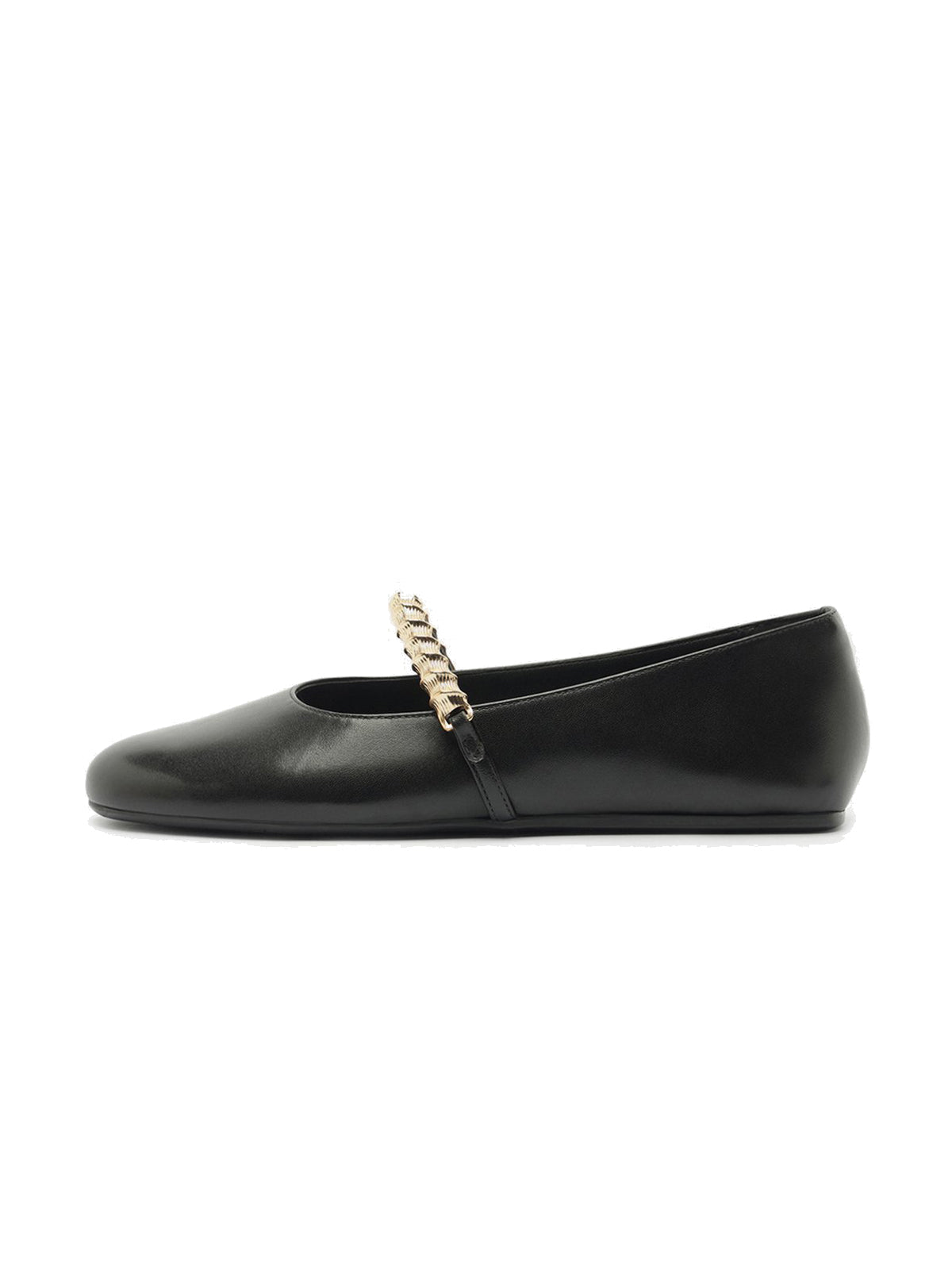 Black Round-Toe Metal Bridge Strap Chic Flats