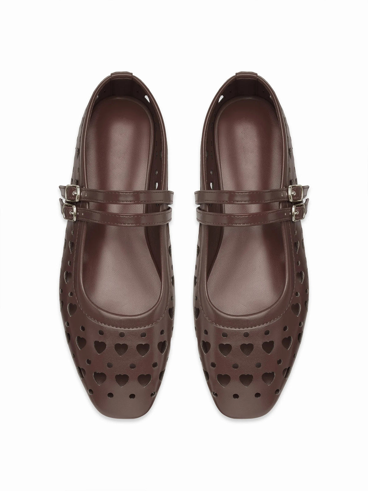 Coffee Square-Toe Heart Cutout Double Mary Jane Flats