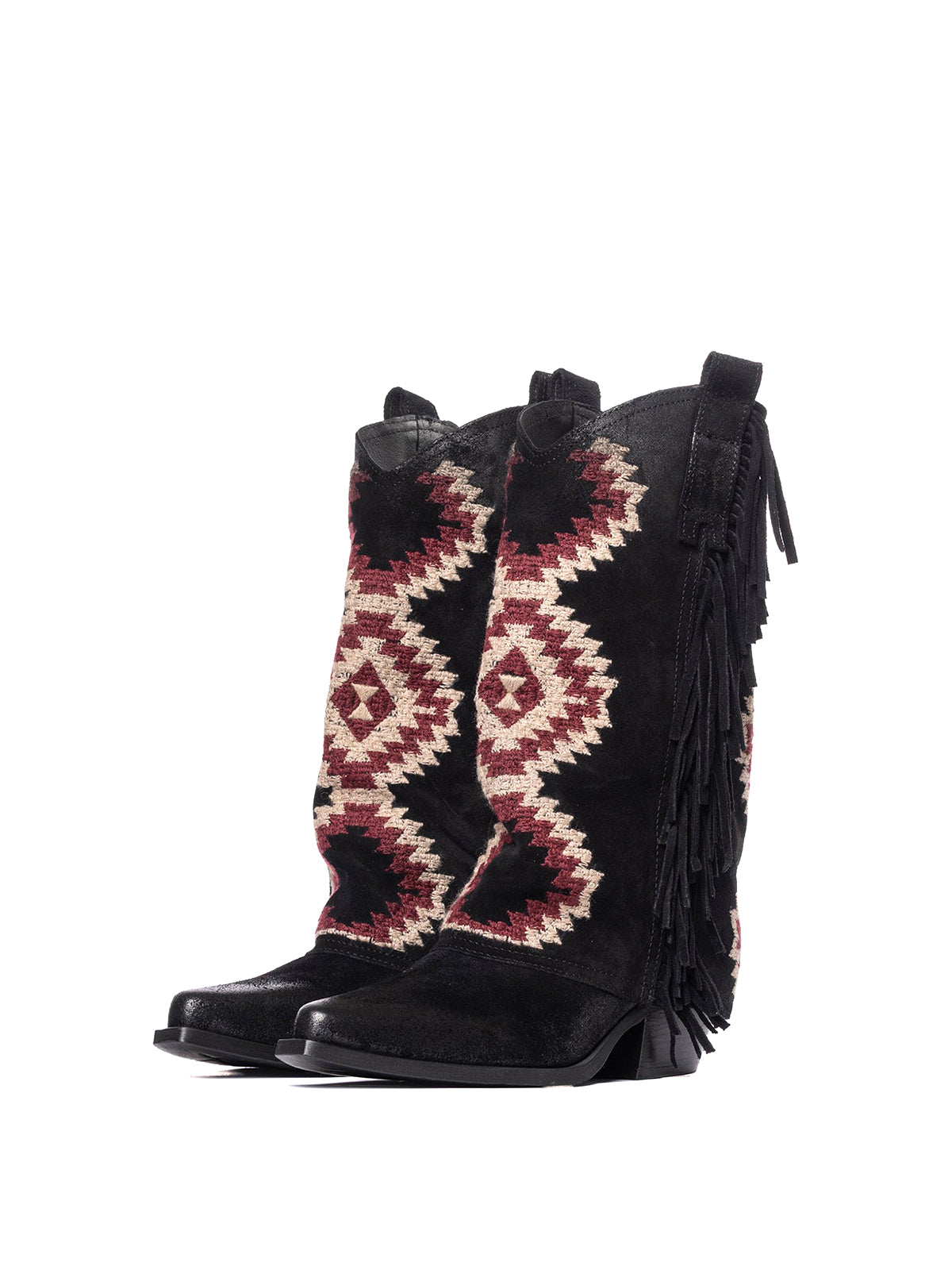 Side Fringe Snip-Toe Embroidery Fold-Over Mid Calf Cowgirl Boots - Black Faux Suede