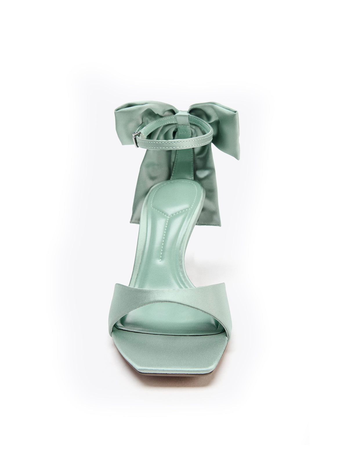 Green Satin Square-Toe Ankle Strap With Bow High Heels