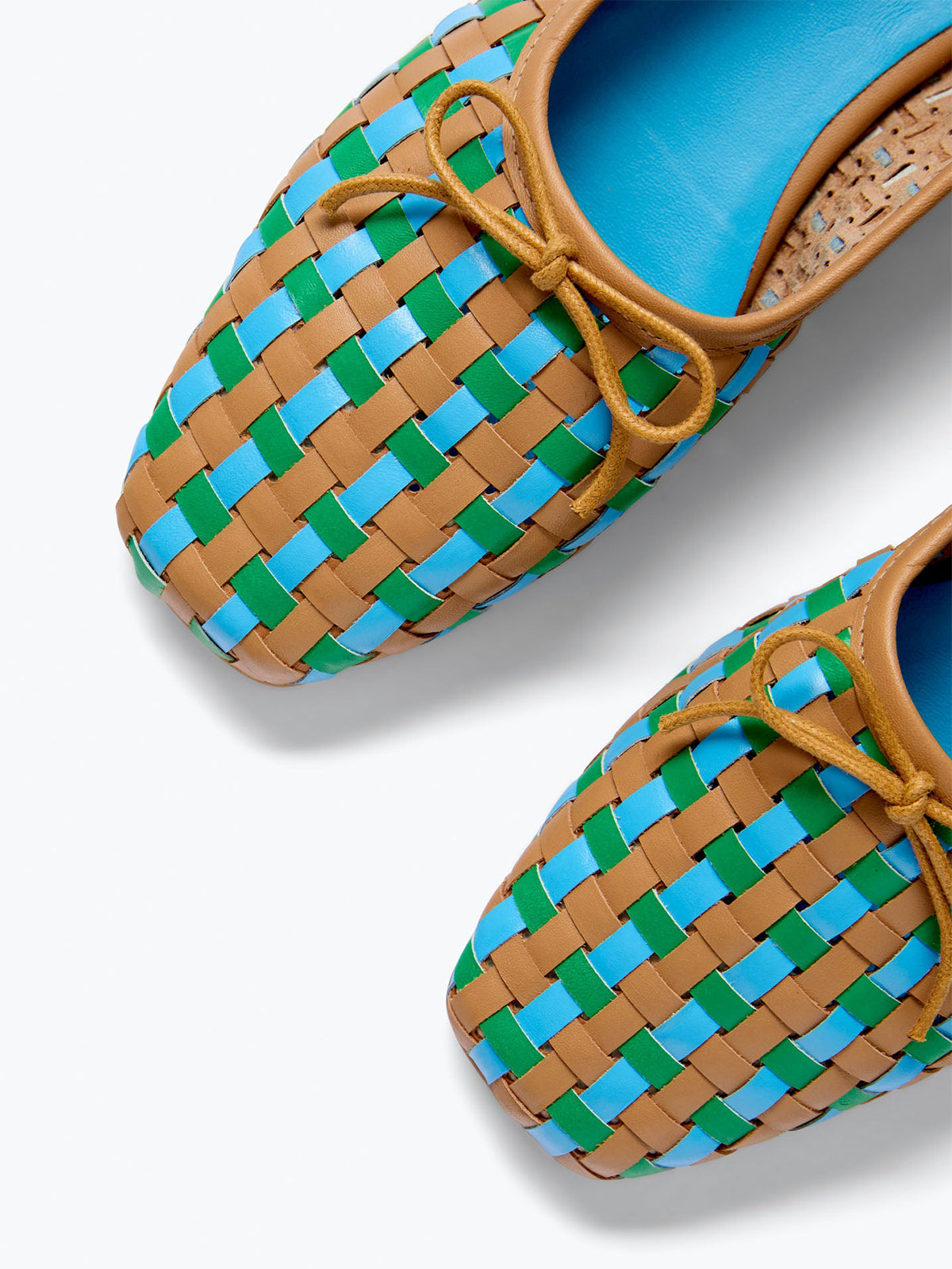 Woven Vegan Leather Square-Toe Front Bow Slip-On Ballet Flats - Cognac And Blue