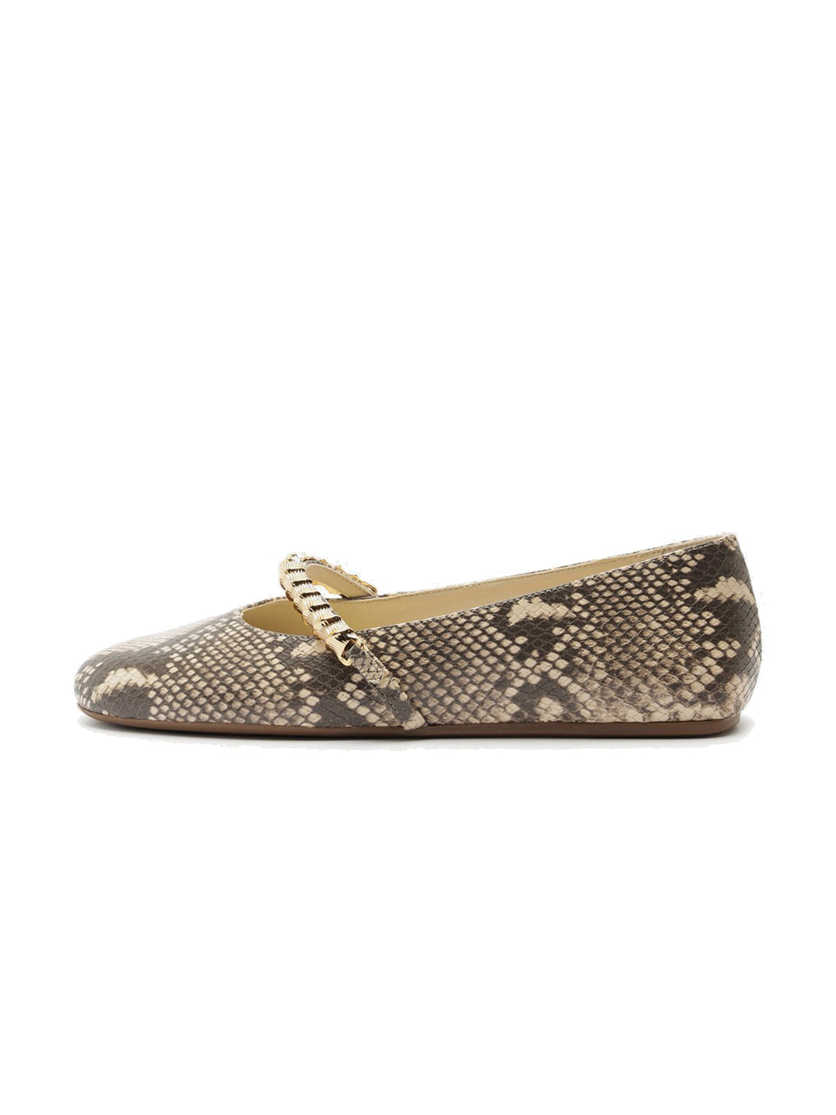 Snakeskin Print Round-Toe Metal Bridge Strap Chic Flats
