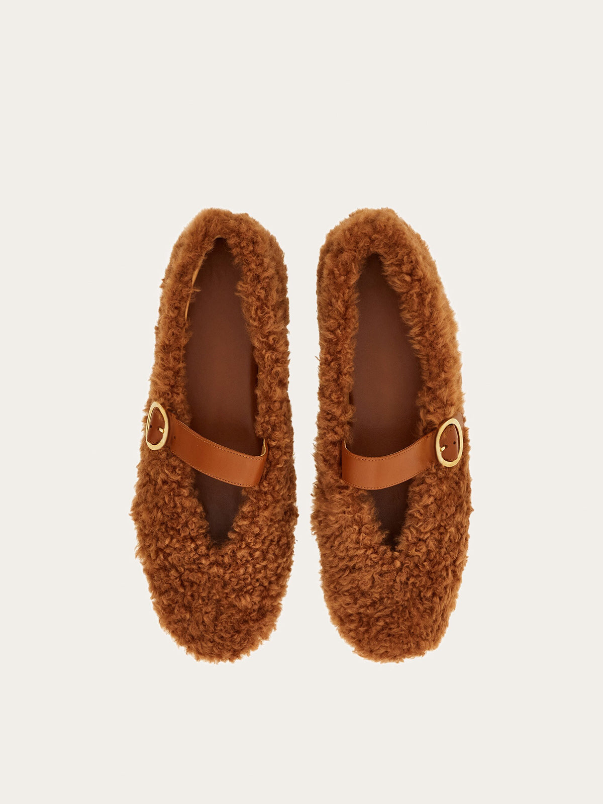 Brown Plush Square-Toe Vegan Leather Bridge Strap Ballet Flats