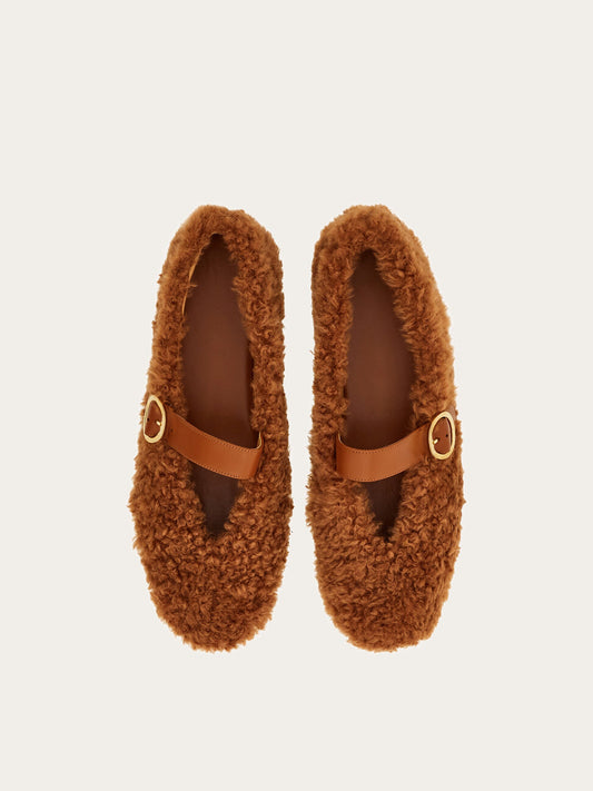 Brown Plush Square-Toe Vegan Leather Bridge Strap Ballet Flats