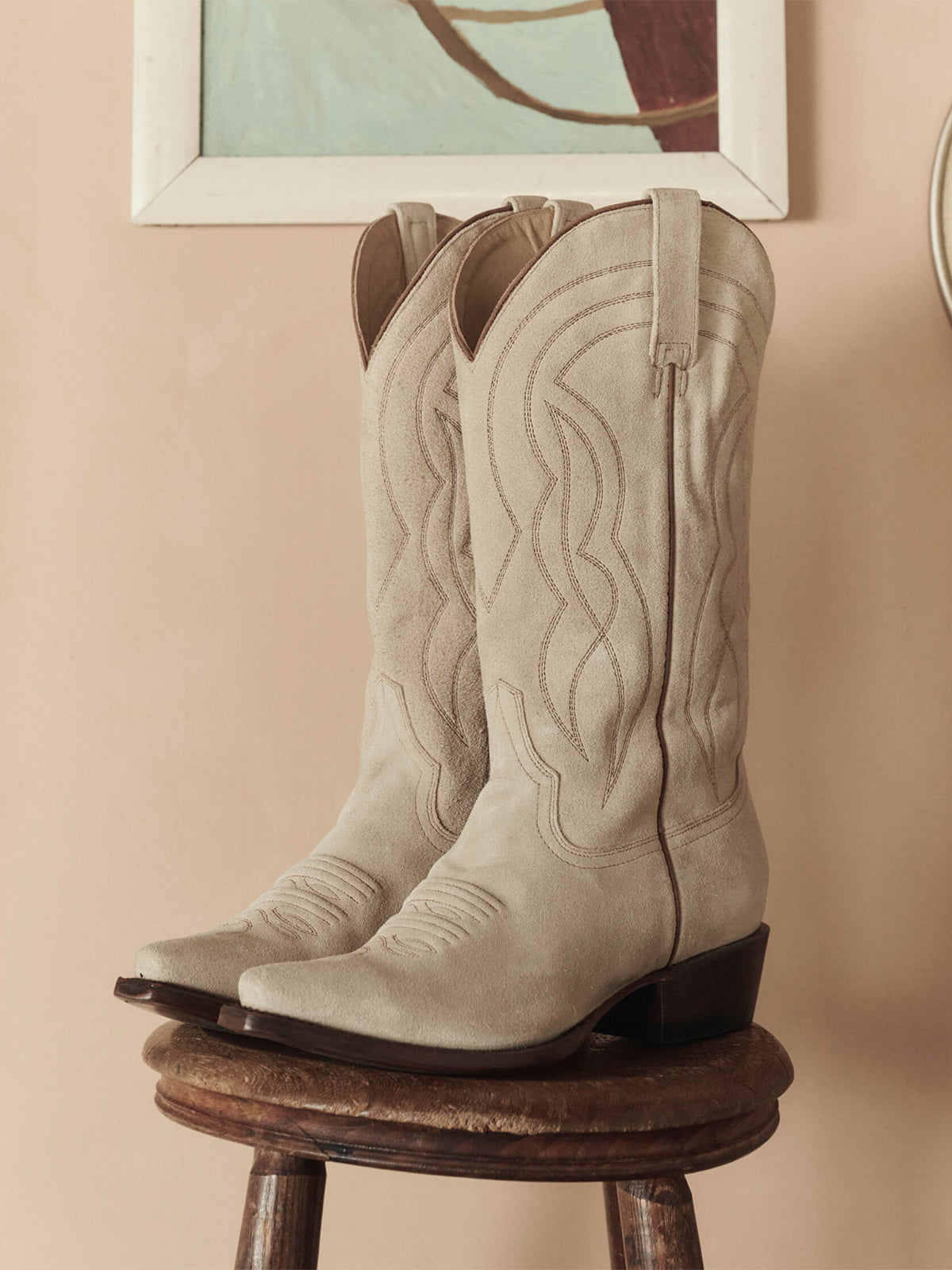 Beige Faux Suede Snip-Toe Classic Stitch Mid Calf Cowgirl Boots