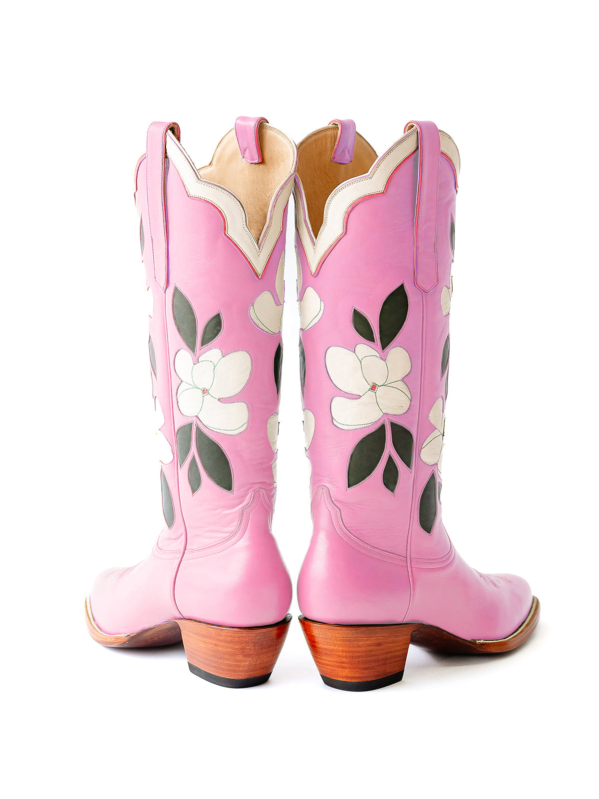 Pink Almond-Toe White Flower Inlay Wide Calf Knee High Cowgirl Boots