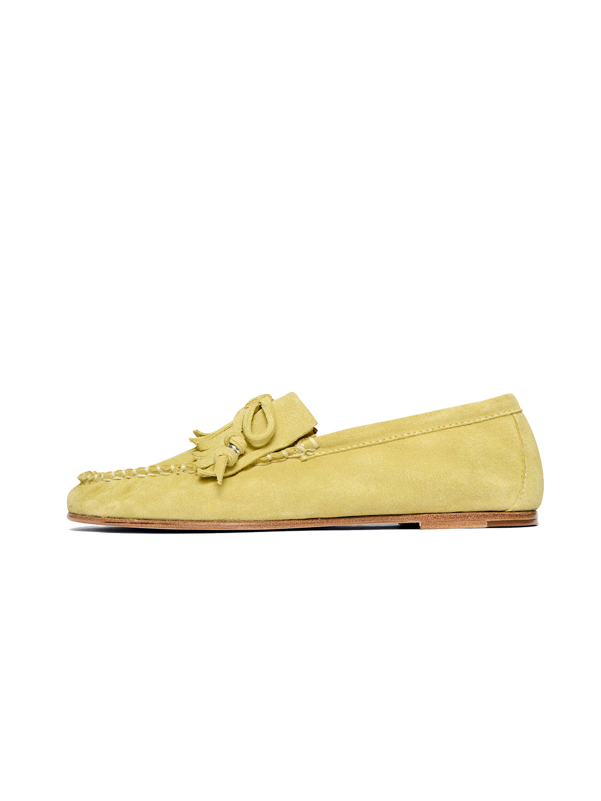 Yellow Cow Suede Round-Toe Front Fringe And Bow Loafers Flats