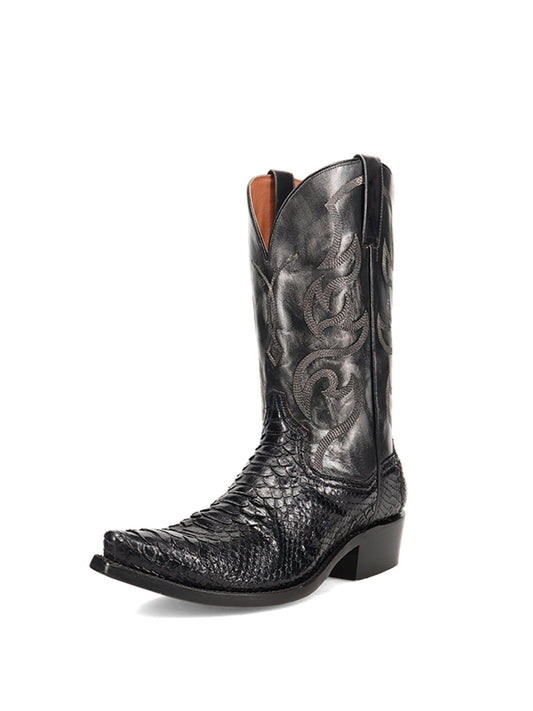 Contrast Charcoal And Snakeskin Print Snip-Toe Embroidery Mid Calf Cowgirl Boots