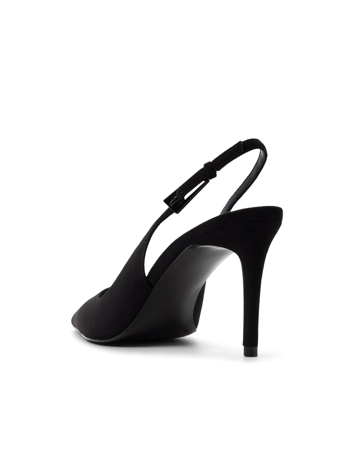 Black Faux Suede Pointed-Toe Classic Kitten Heels With Slingback