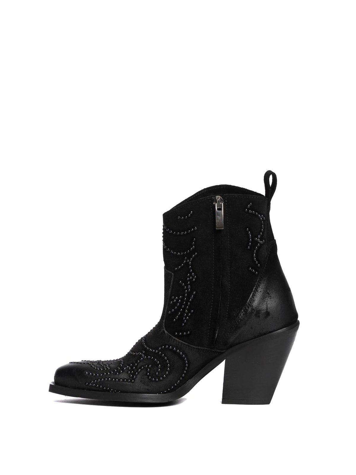 Black Faux Suede Snip-Toe Studded Full-Zip Ankle Cowgirl Boots