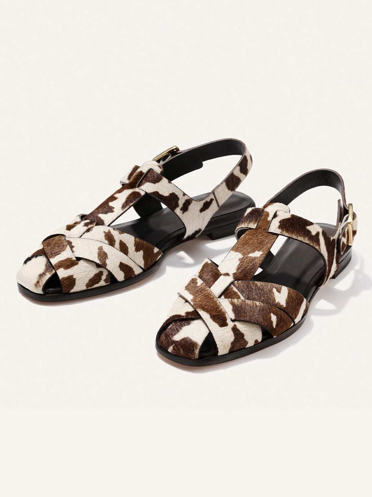 Cow Print Pony Hair Square-Toe Caged Fisherman Chic Flats