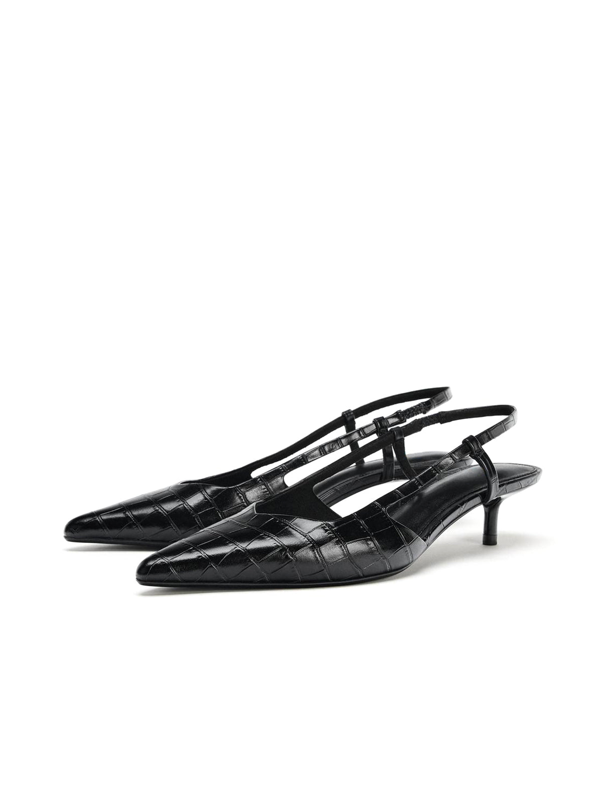 Black Bamboo Pattern Pointed-Toe Slingback Kitten Heels