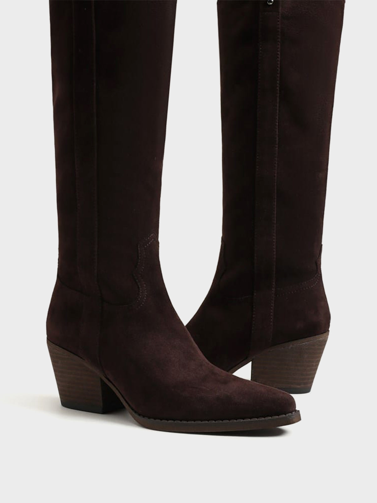 Pointed-Toe Chic Western Half-Zip Knee High Cowgirl Boots - Coffee Faux Suede