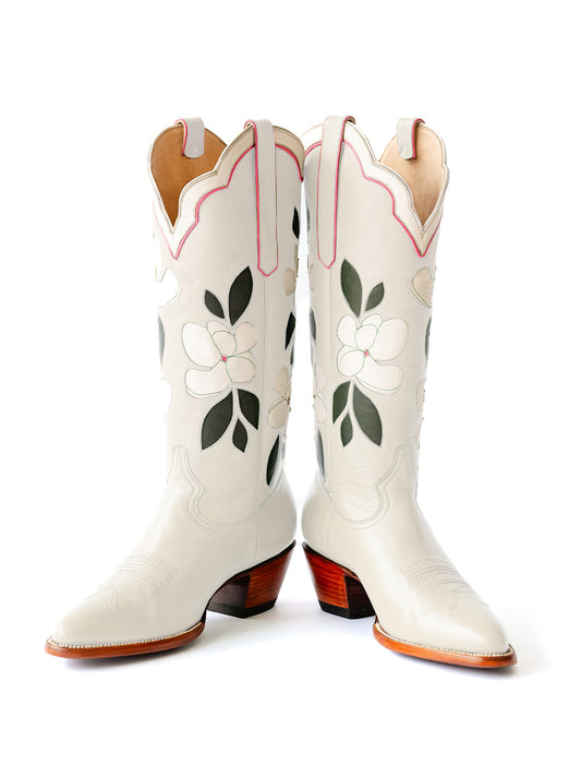 White Almond-Toe White Flower Inlay Wide Calf Knee High Cowgirl Boots