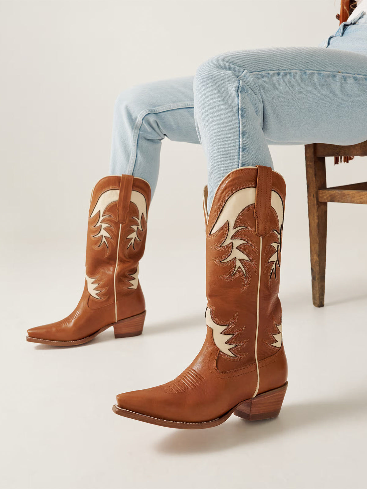 Brown Snip-Toe Bone Inlay Wide Calf Knee High Cowgirl Boots