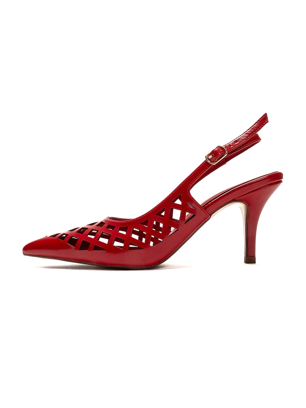 Red Pointed-Toe Cutout Chic Buckle Back Strap Kitten Heels