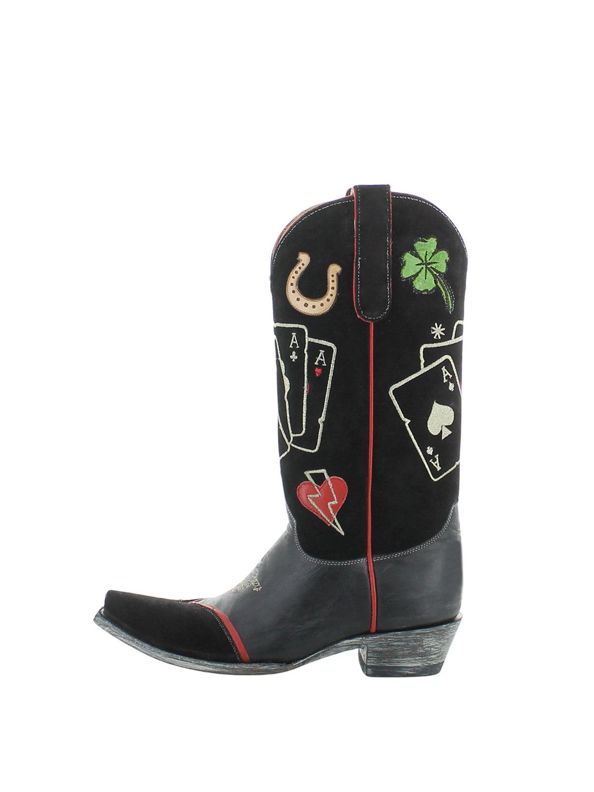 Black Snip-Toe Card Game Embroidery Horseshoe Applique Mid Calf Cowgirl Boots
