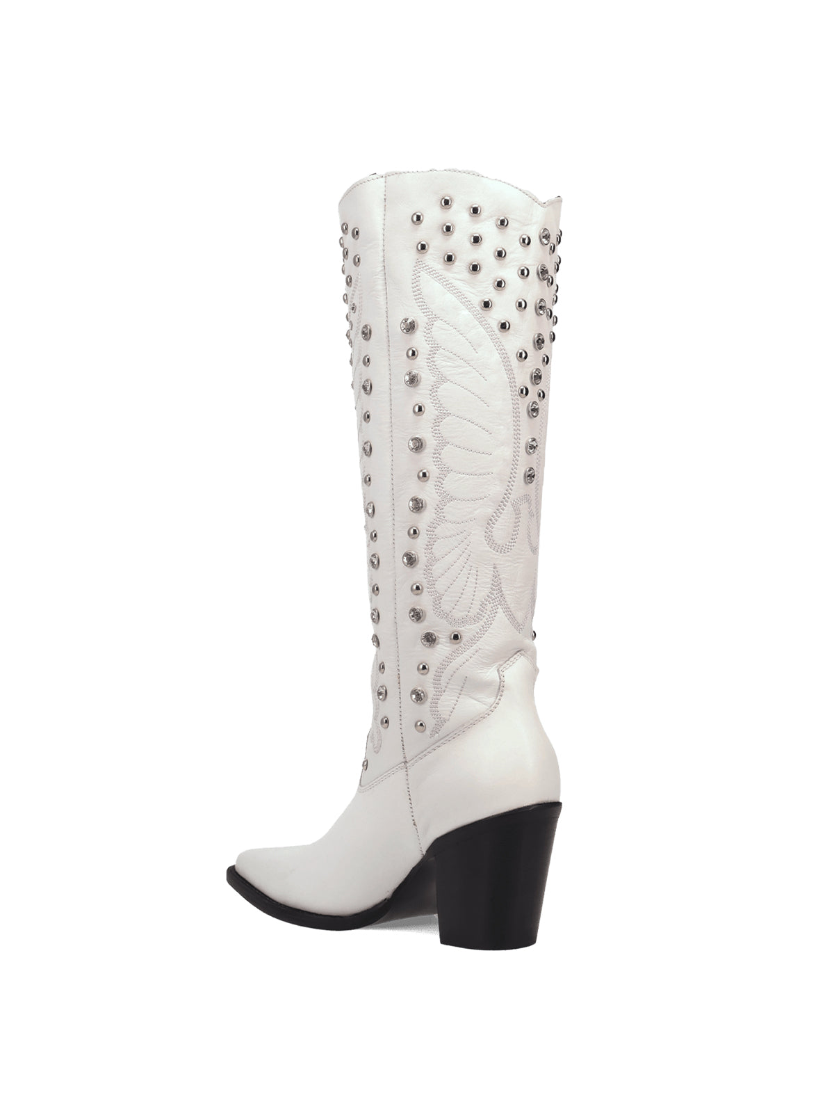 White Snip-Toe Big Bird Embroidery And Studs Wide Calf Knee High Cowgirl Boots