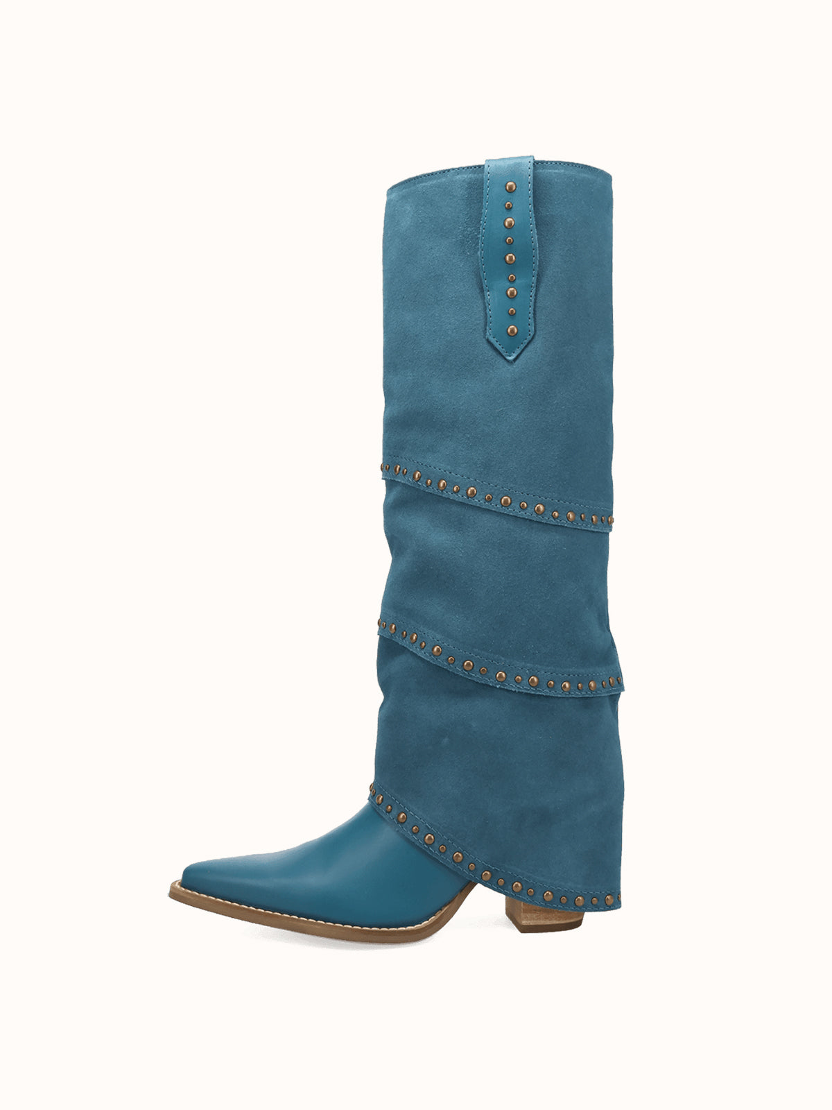 Blue Snip-Toe Faux Suede Fold-Over With Studs Wide Calf Knee High Cowgirl Boots