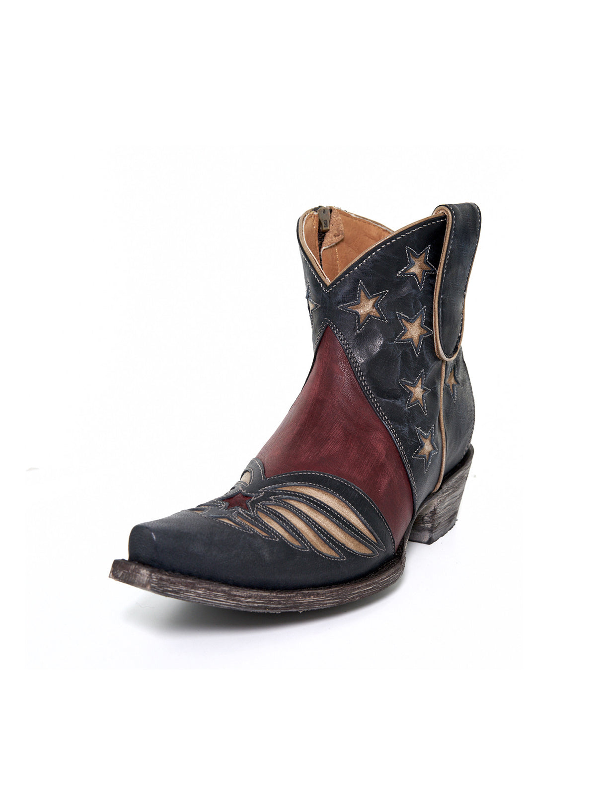 Contrast Tri-Color Snip-Toe Stars Inlay Full-Zip Ankle Cowgirl Boots