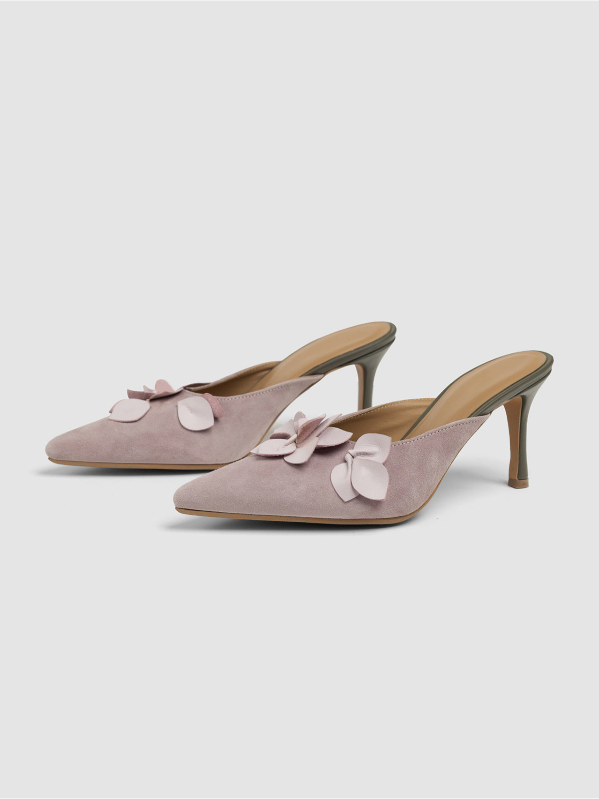 Mauve Pink Pointed-Toe Front Floral Detail Backless Chic High Heels