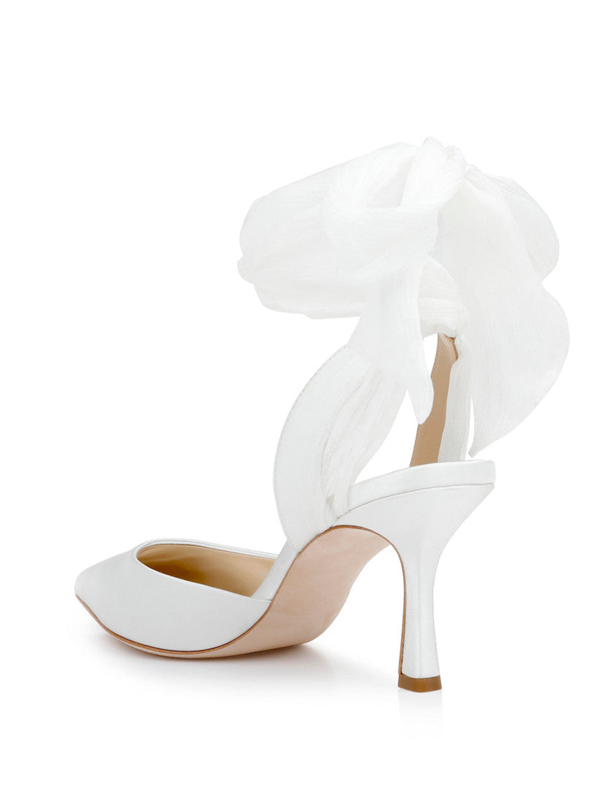 White Satin Pointed-Toe Back Strap And Ankle Bow Strap High Heels