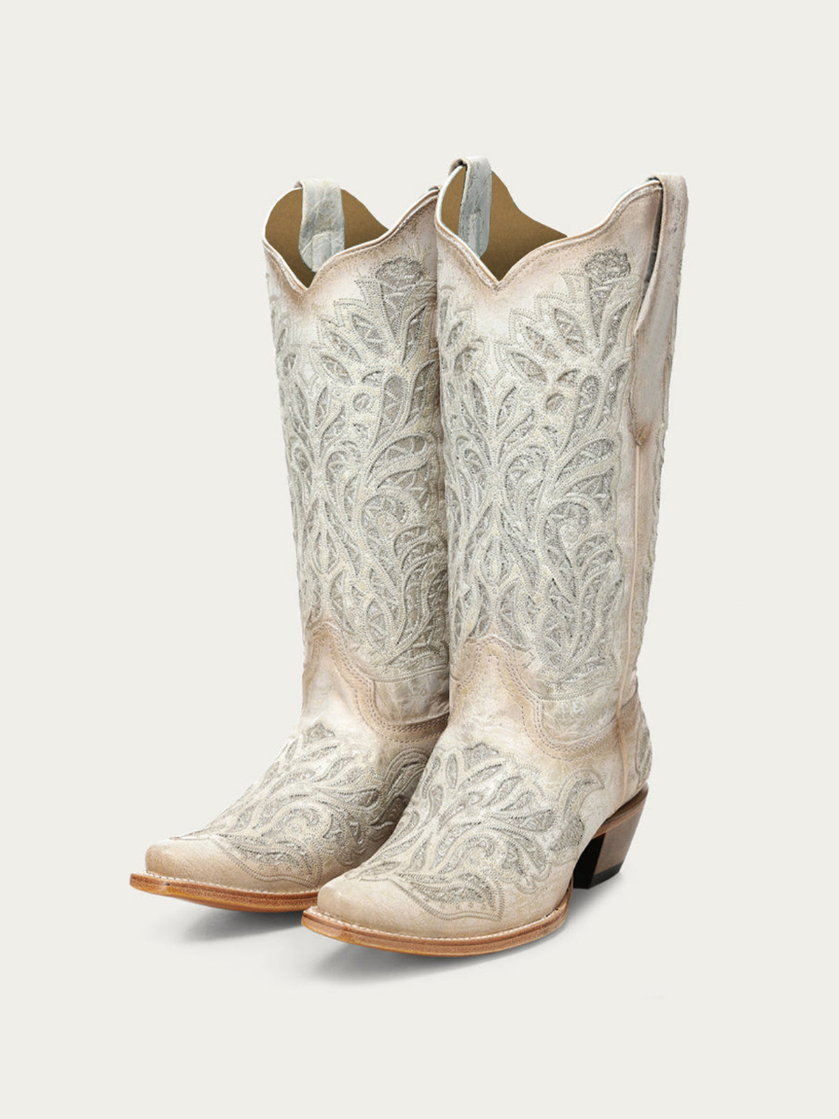 Distressed Ivory Snip-Toe Glitter Inlay And Embroidery Mid Calf Cowgirl Boots