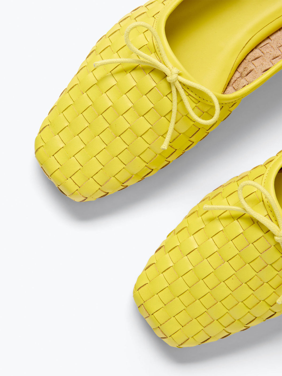 Woven Vegan Leather Square-Toe Front Bow Slip-On Ballet Flats - Yellow