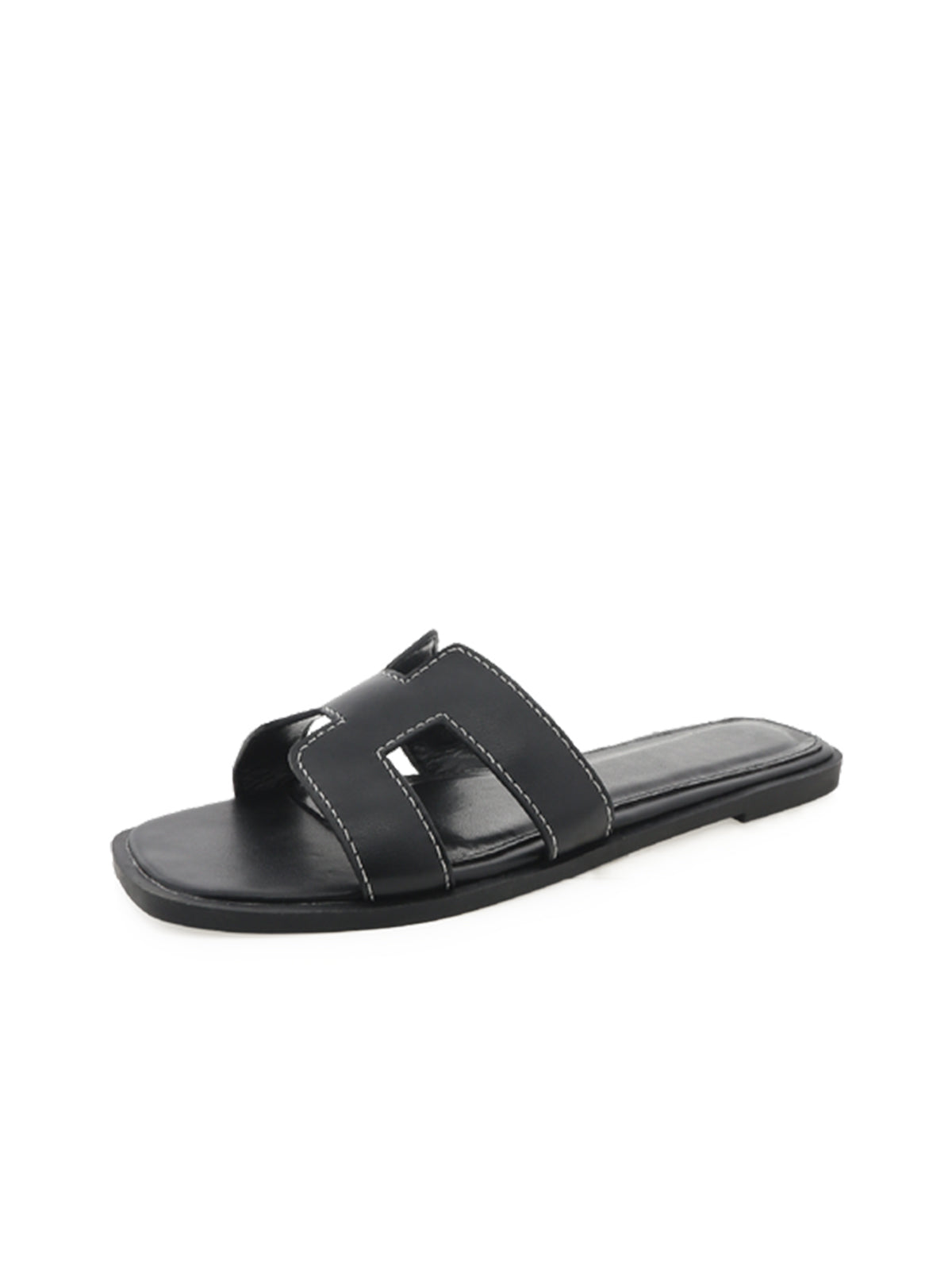 Black Open Square-Toe Slip-On Simple Sandals Flats