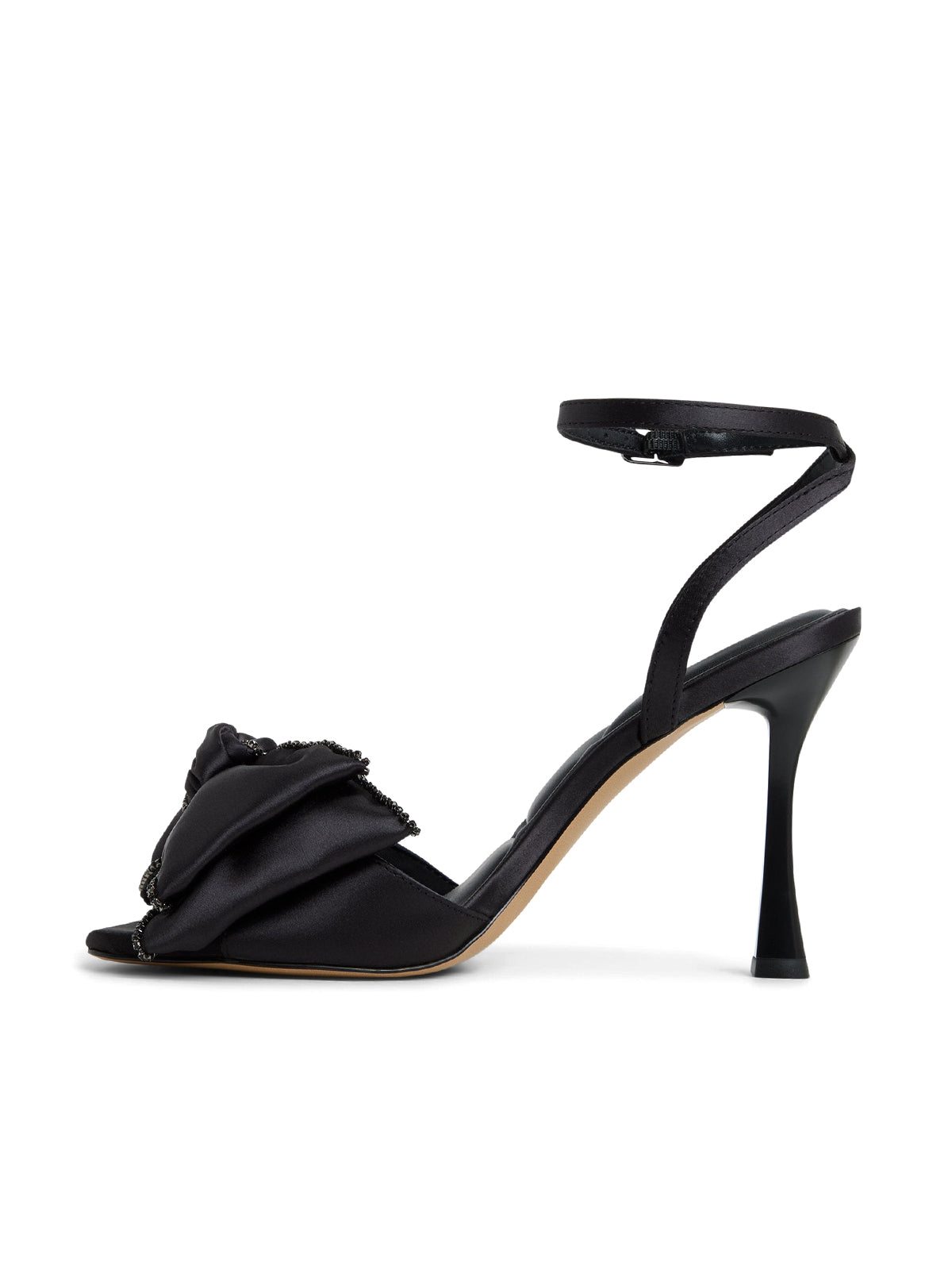 Black Satin Square-Toe Front Bow Slingback Ankle Strap High Heels