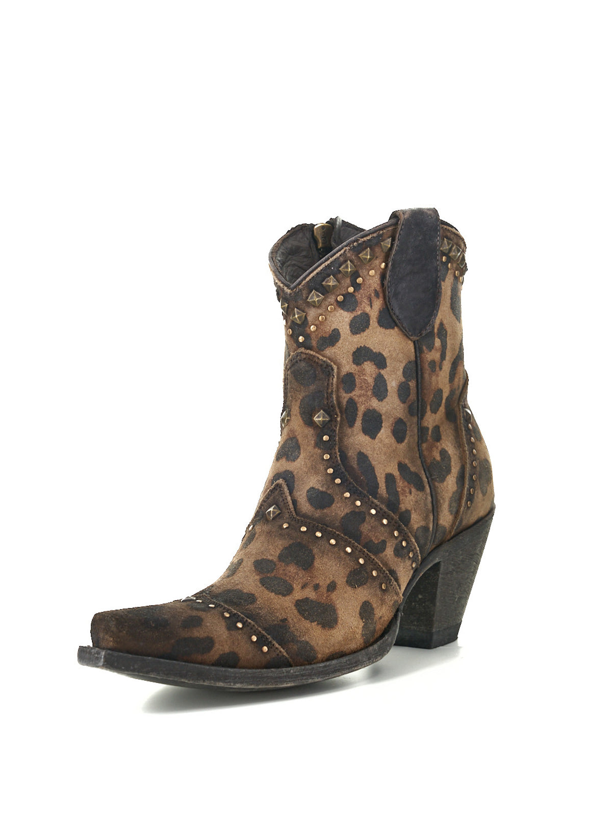 Leopard Print Snip-Toe Studs Full-Zip Ankle Cowgirl Boots