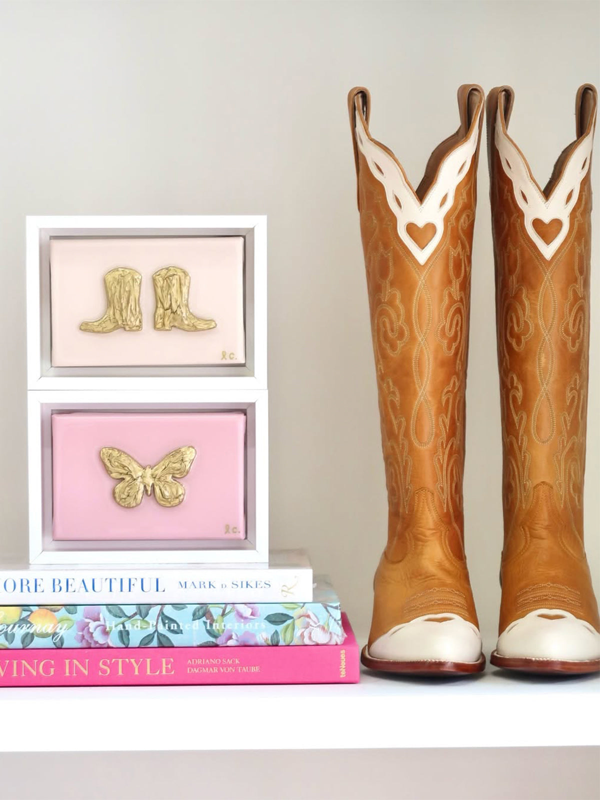 Contrast Honey And Ivory Almond-Toe Embroidery Hearts Inlay Wide Calf Knee High Cowgirl Boots