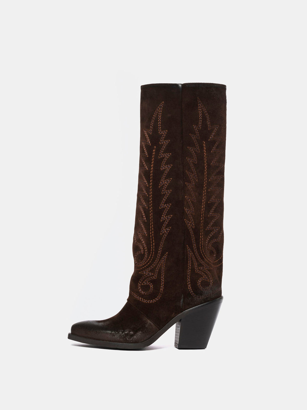 Dark Brown Snip-Toe Faux Suede Classic Embroidery Mid Calf Cowgirl Boots